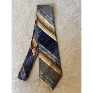 Vintage Mr Blackwell‎ Mens Neck Tie Gold Blue Beige Striped Necktie 3.75"x57"